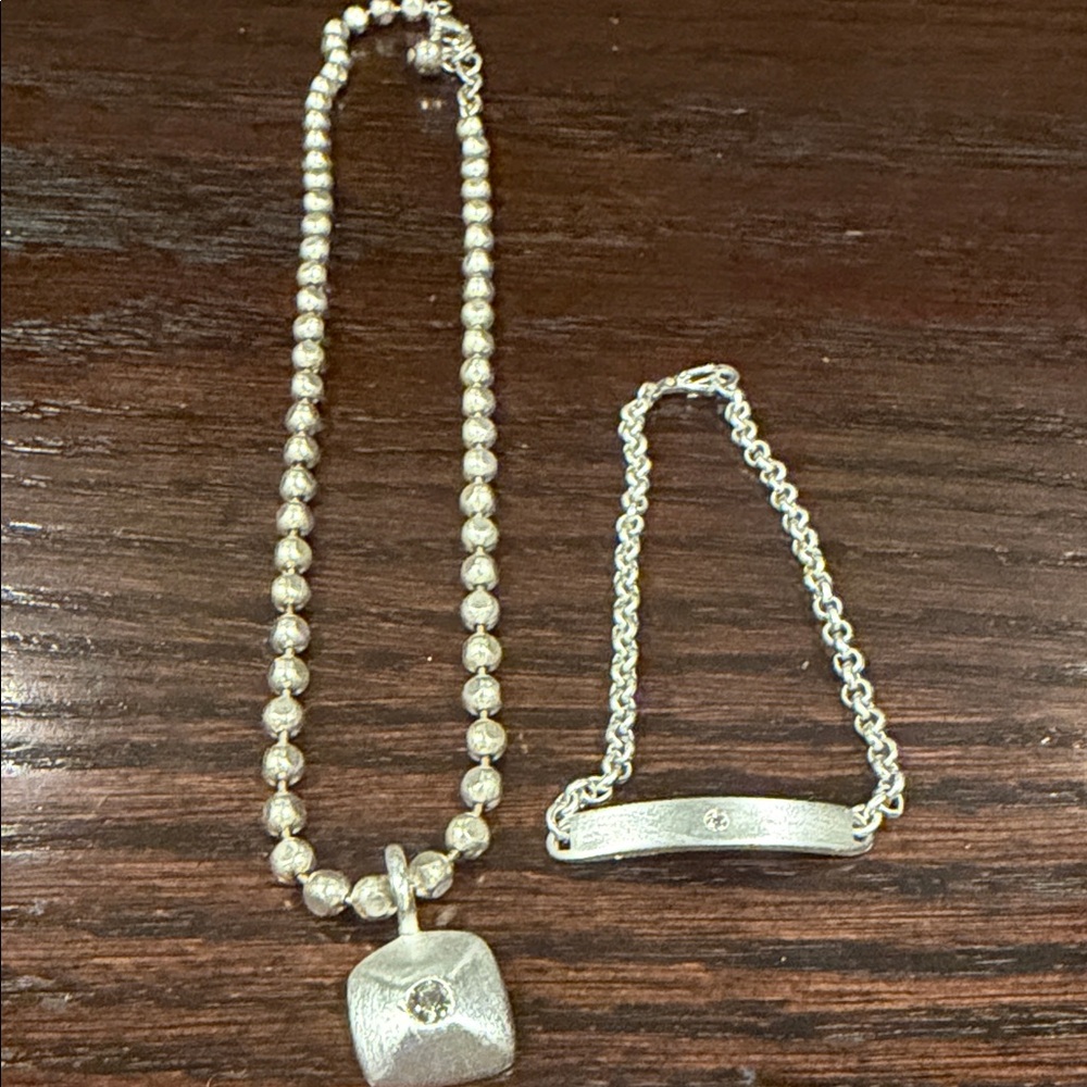 Silver-Tone Women's Necklace and Bracelet Set with Clear Stone